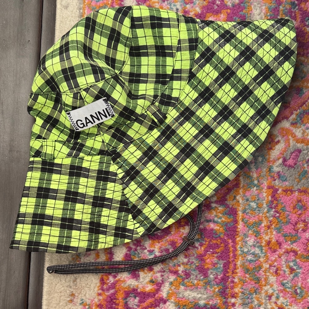Ganni Checkered Lime and Black Bucket Hat